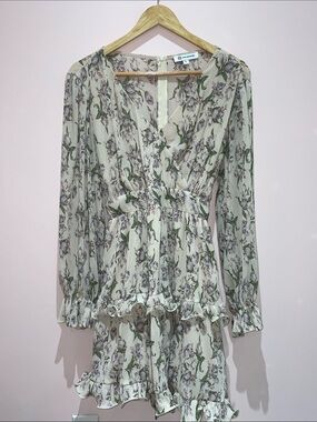 Sheer Floral Ruffle Long-Sleeve Mini Dress - Cream Green